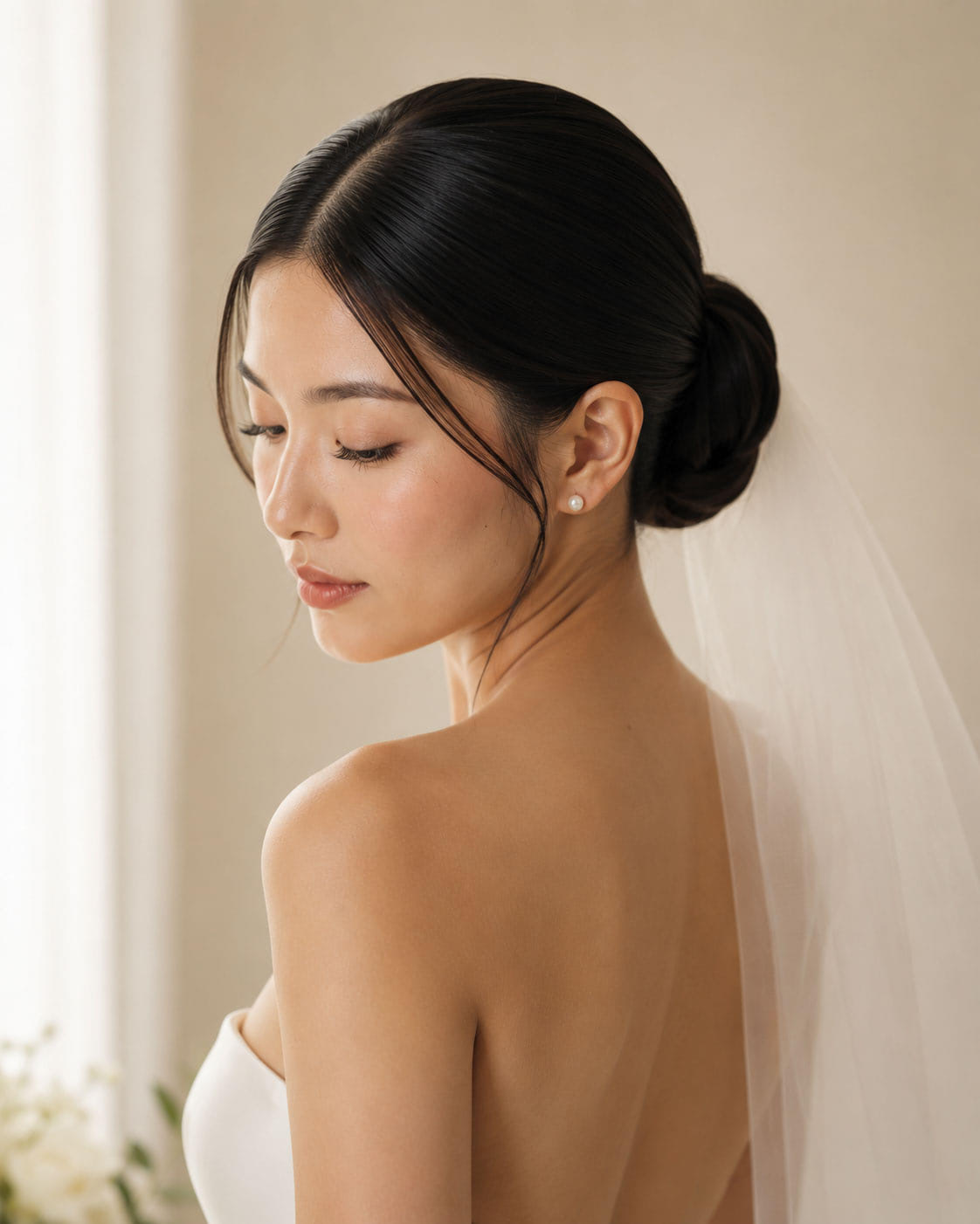 Bride with a sleek low bun, shown from behind