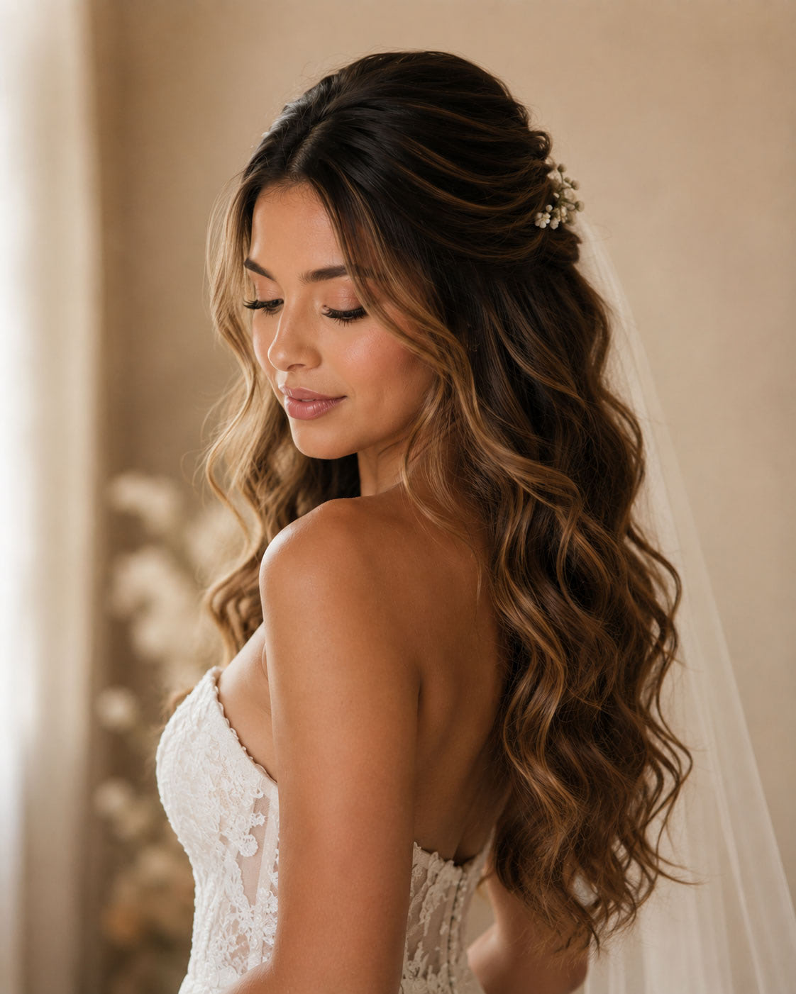 Bride with soft waves in a romantic half-up style