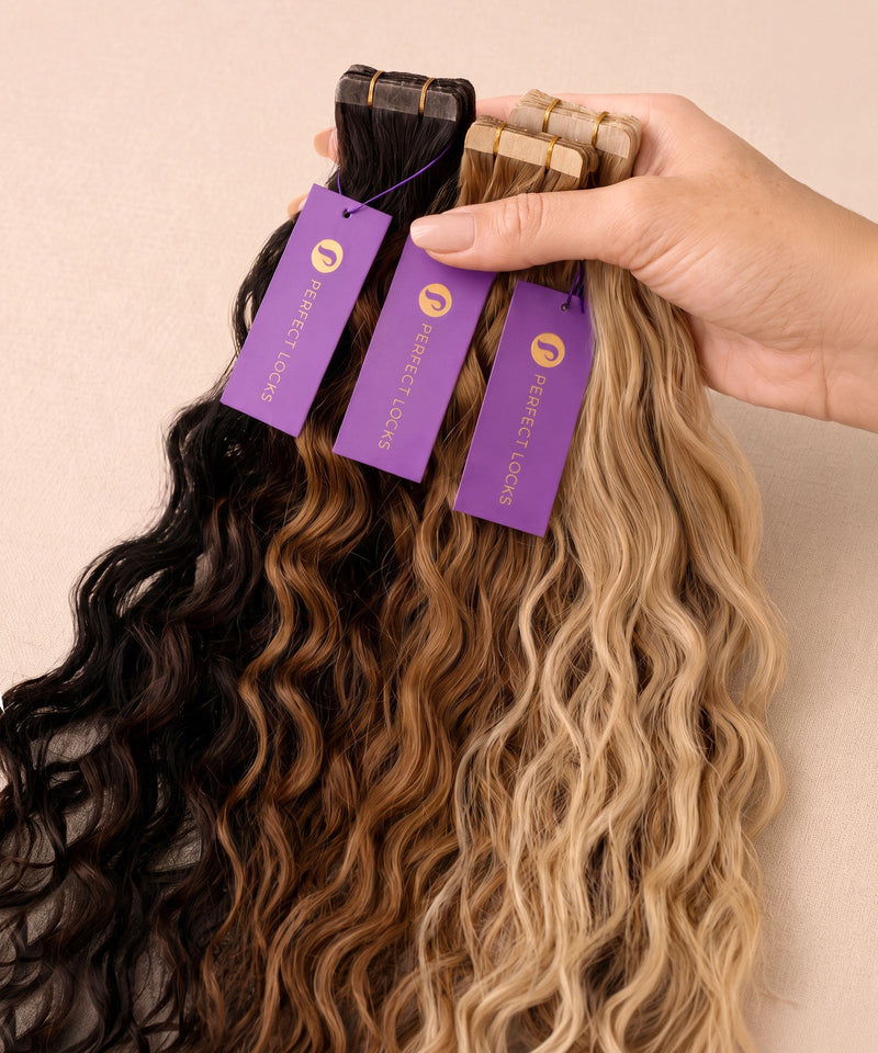 Hand holding three wavy tape-in hair extension packs in black ombre, caramel brown, and blonde with tape tabs visible