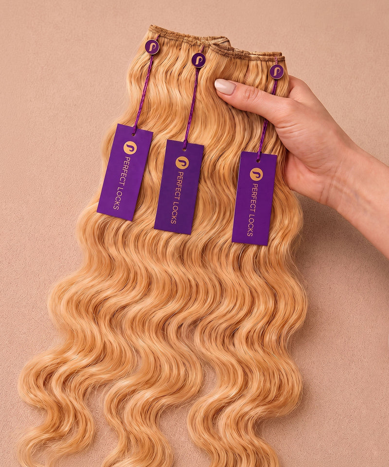 Hand holding three wavy golden blonde hand-tied weft hair extension packs with Perfect Locks tags