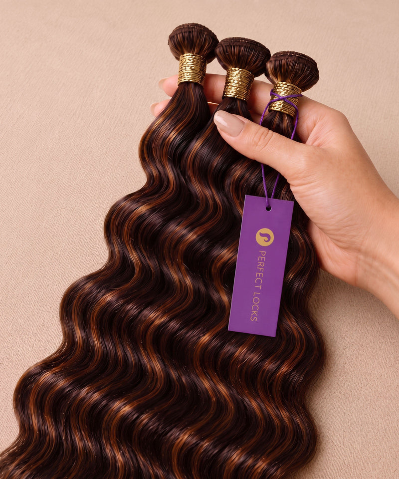 Hand holding three deep wave chocolate brown hybrid weft hair extension packs with caramel highlights and gold bindings