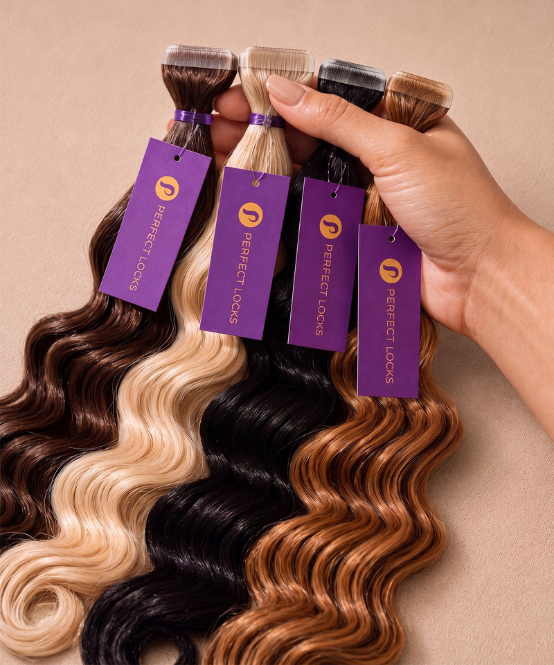 Hand holding four deep wave invisi tape-in hair extension packs in brown, blonde, black, and auburn with seamless tape tabs