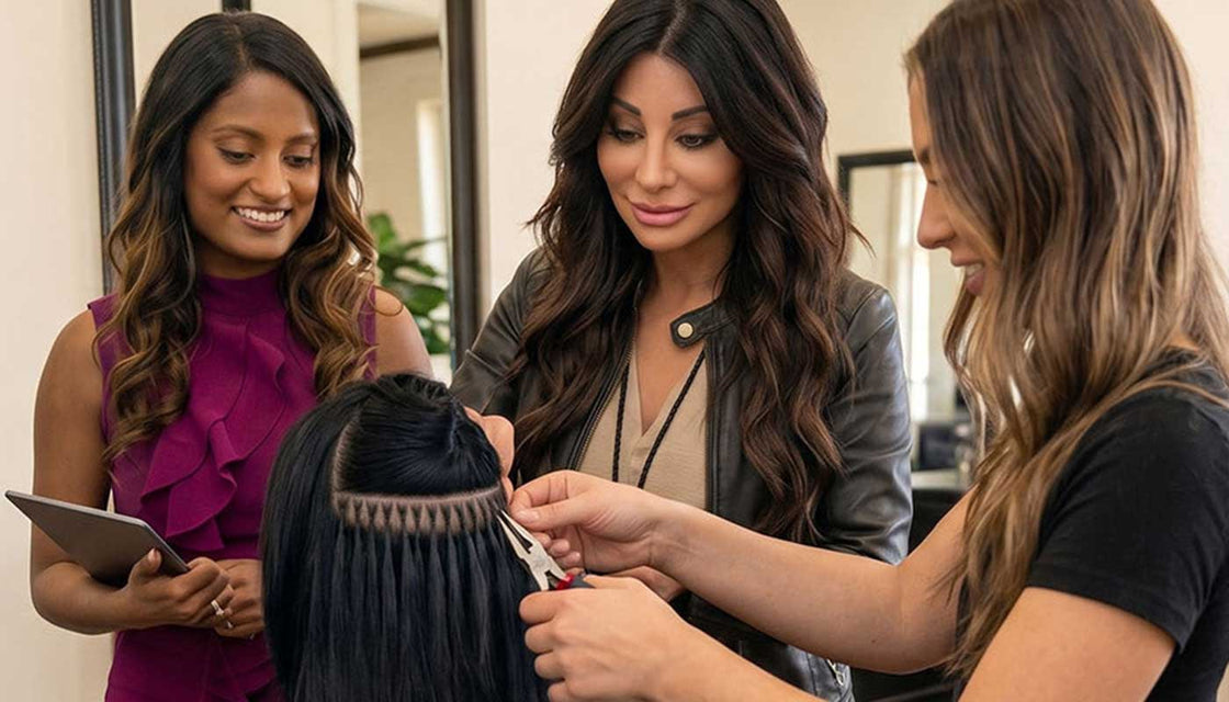 Deb Monti overseeing a student installing hair extensions during the Perfect Locks certification class in Walnut Creek, CA