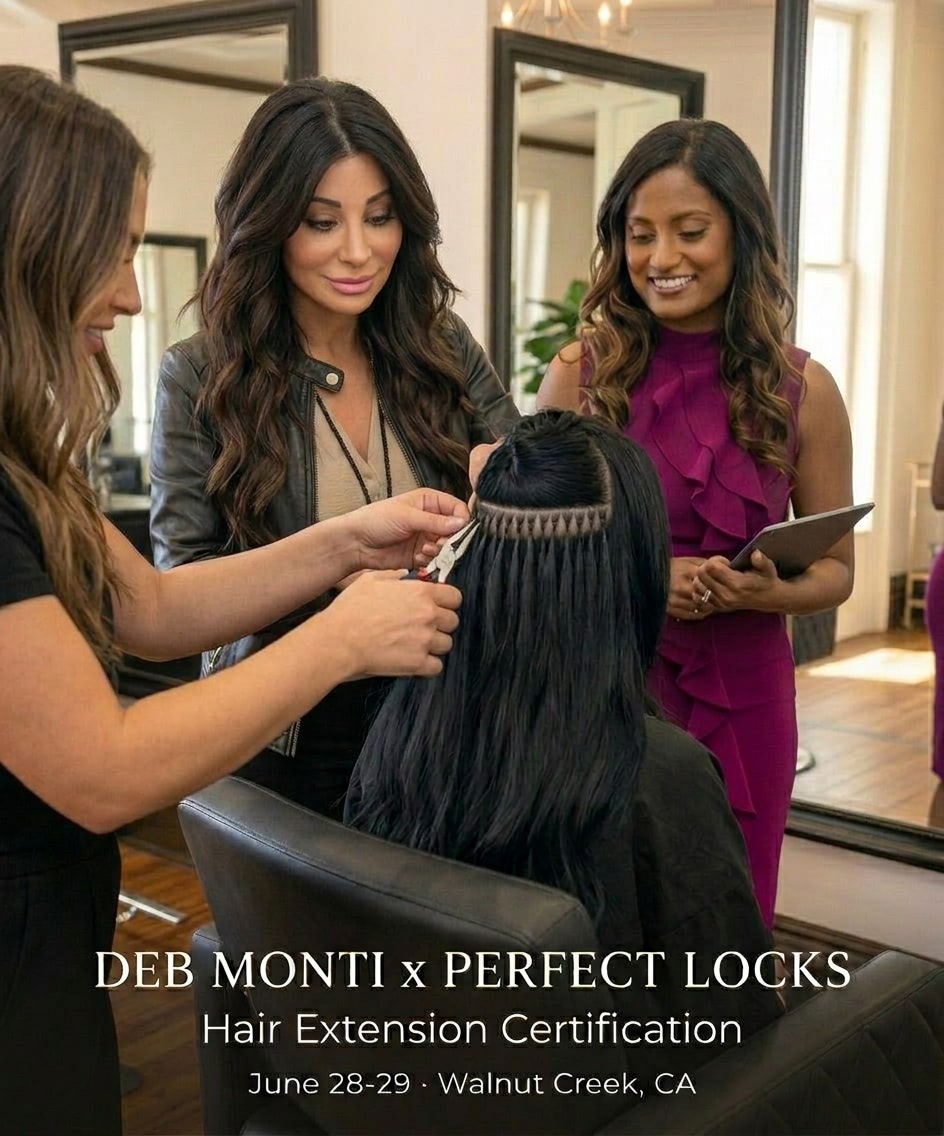 Hair extension certification event with three women in a salon setting.