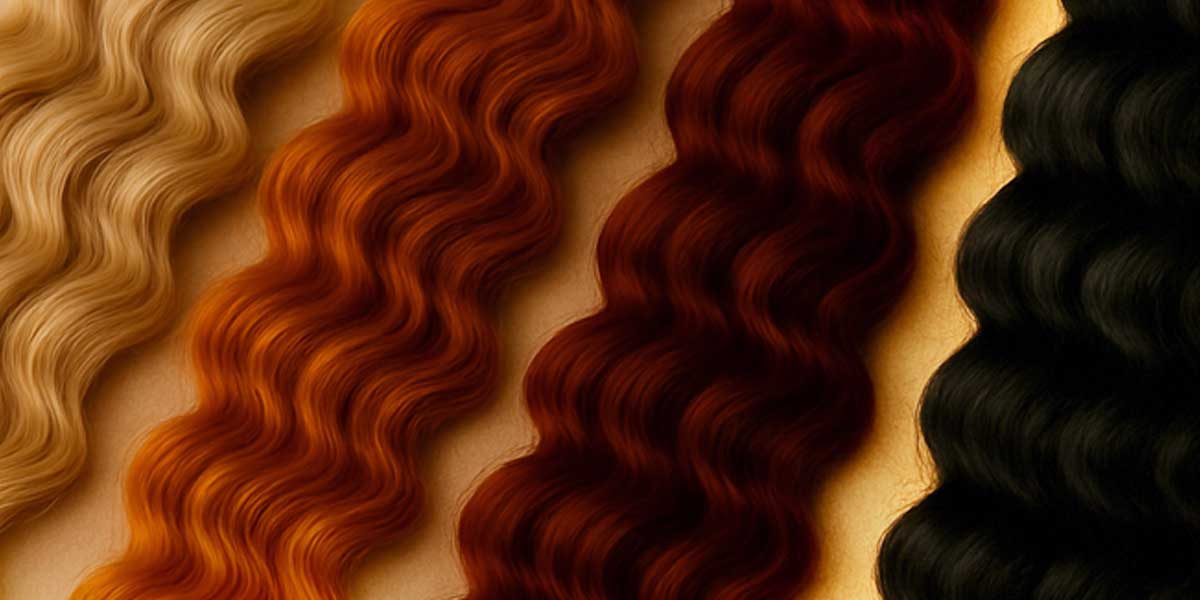 Hair extension bundles in blonde, auburn, red, and black with natural wavy texture.