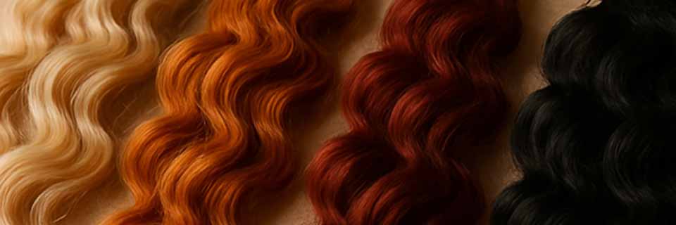 Hair extension bundles in blonde, auburn, red, and black with natural wavy texture.