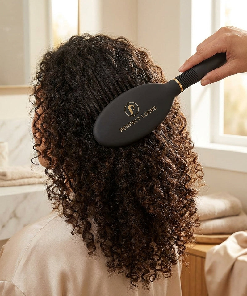 A hand styles long, curly brunette hair with a matte-black loop brush featuring gold accents.