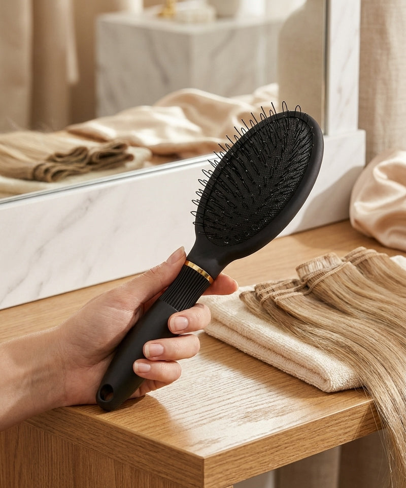 Hand holding a matte black loop hairbrush with gold trim beside blonde weft extensions on a wooden vanity table.