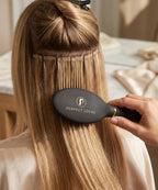 A hand brushes straight blonde tape-in hair extensions using a matte black loop brush with a gold logo.