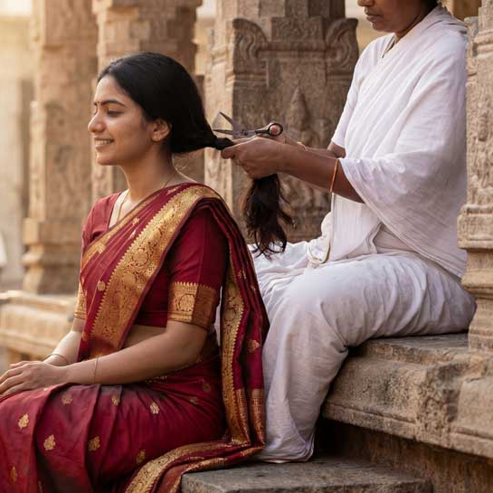 Woman in a red saree having her hair styled by another woman in traditional attire against a stone architectural background.