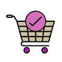 A shopping cart with a check mark, symbolizing successful online shopping.