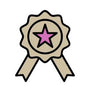 A beige award ribbon with a pink star in the center and two ribbon tails hanging below, outlined in black, makes a charming badge.