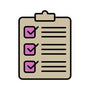 A beige clipboard with three checkboxes, each marked with a pink checkmark and text lines. Simple outline on white background.