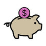 A minimalist illustration of a piggy bank, with a pink coin marked with a dollar sign being inserted into its back slot.