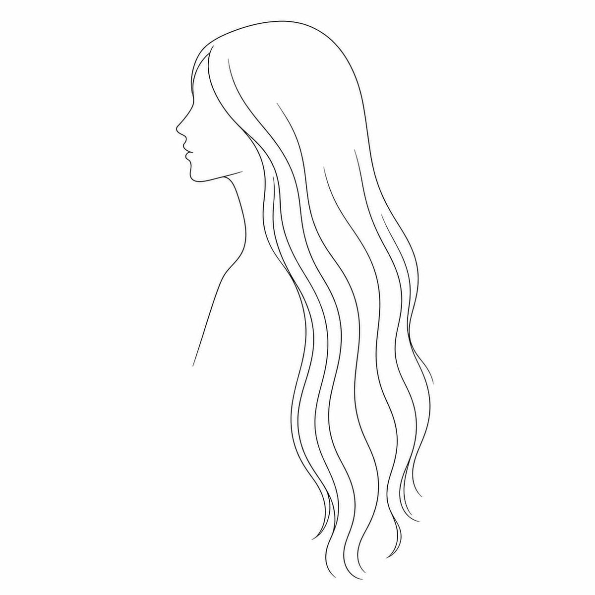 Line illustration of a woman in profile with extra-long hair flowing past the hips