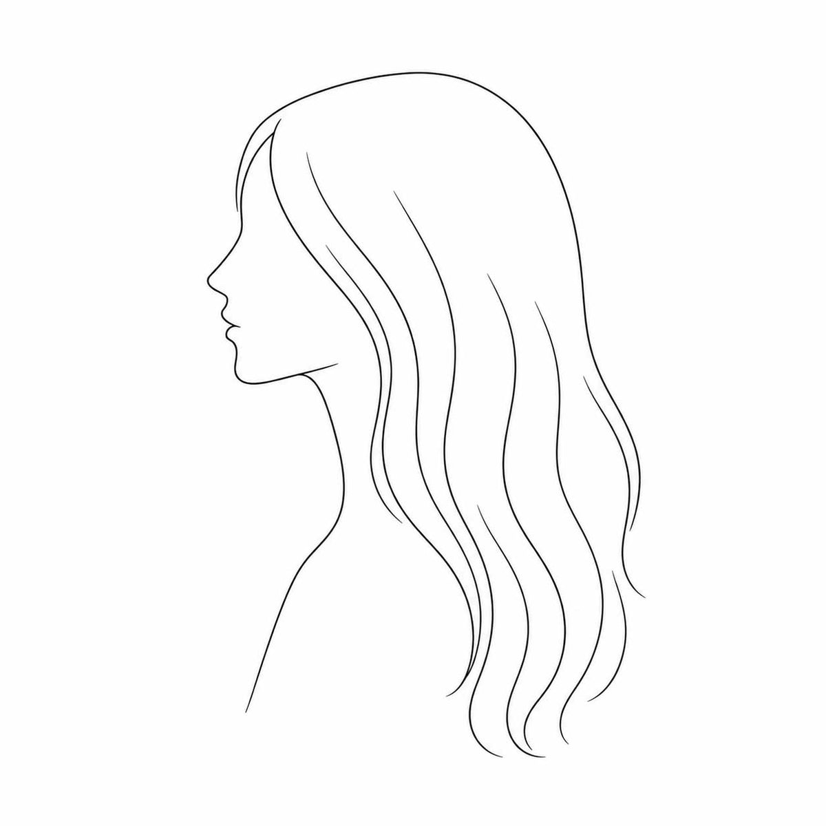 Line illustration of a woman in profile with medium-length hair flowing to mid-back