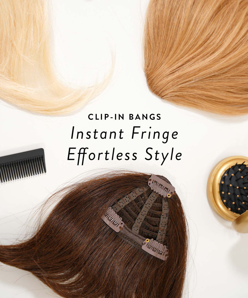 Three blonde and brown hairpieces, a black comb, and round brush circle text: CLIP-IN BANGS by Perfect Locks on light background.