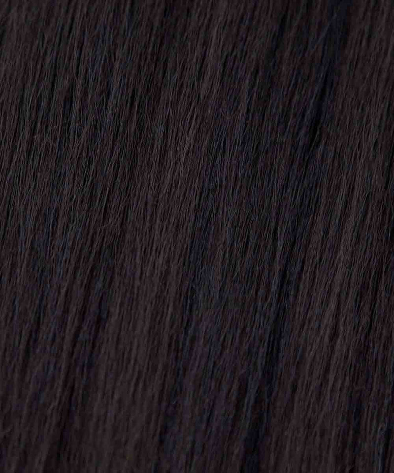Close-up of straight, dark brown hair texture, featuring fine individual strands and a healthy, natural shine.