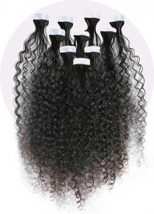 Curly black hair extensions fanned out on a white background, with tight curls and white bands securing each bundle for added volume.