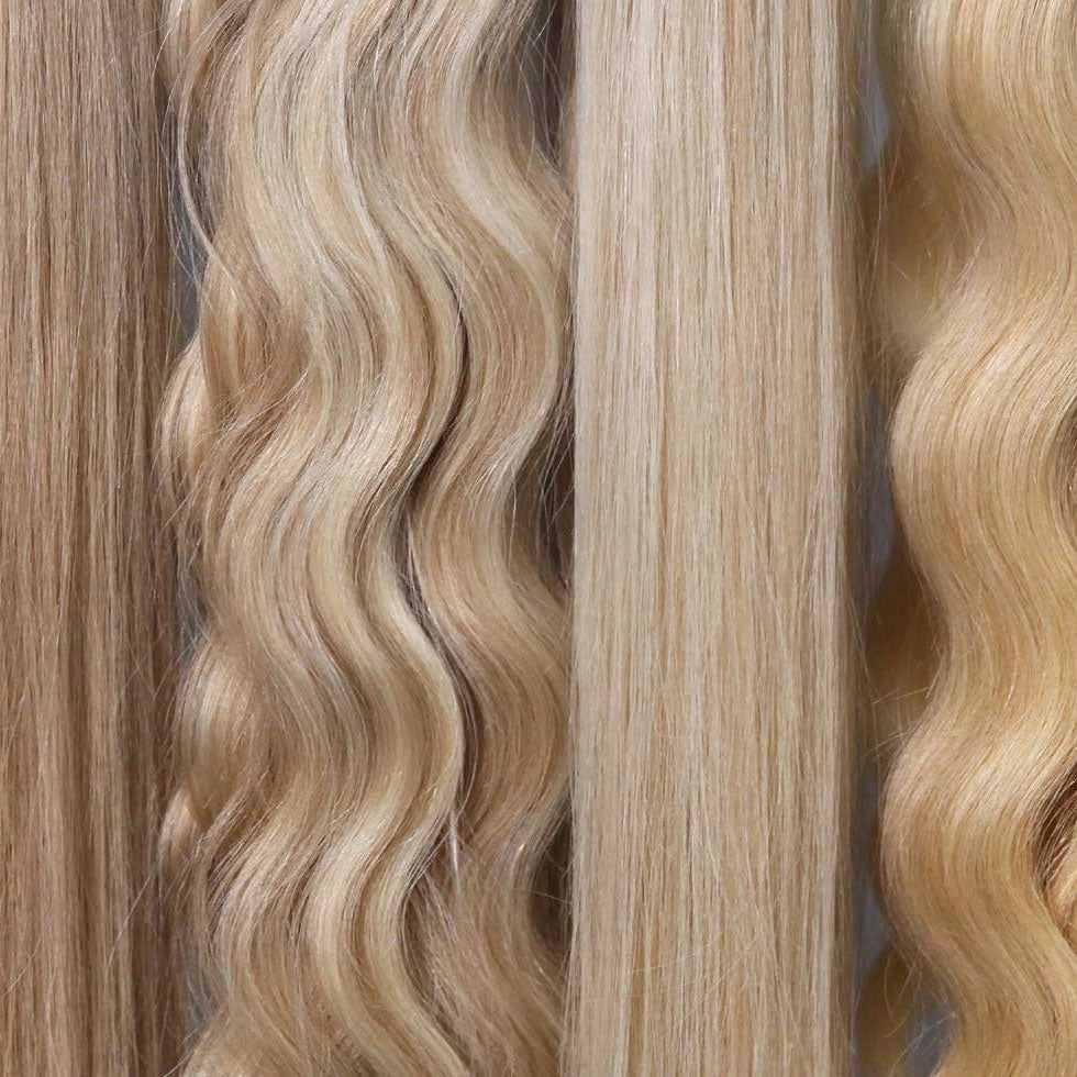 Close-up of blonde hair samples highlighting various textures, including wavy, straight, and slightly curled strands arranged neatly side by side.
