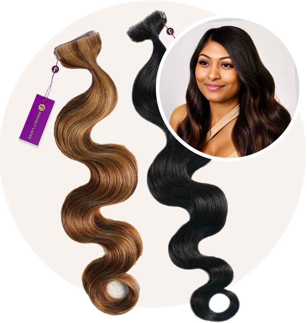 Two bundles of wavy hair extensions, one brown with blonde highlights and one black, are displayed. An inset circle features a smiling woman with natural-looking, long, dark wavy hair in a tan halter top.