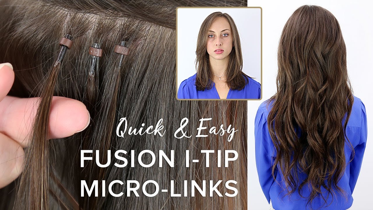 Close-up of hair extensions being attached with micro-links, inset of a woman with long wavy hair. Text: Quick & Easy Fusion I-Tip Micro-Links for seamless length and volume.