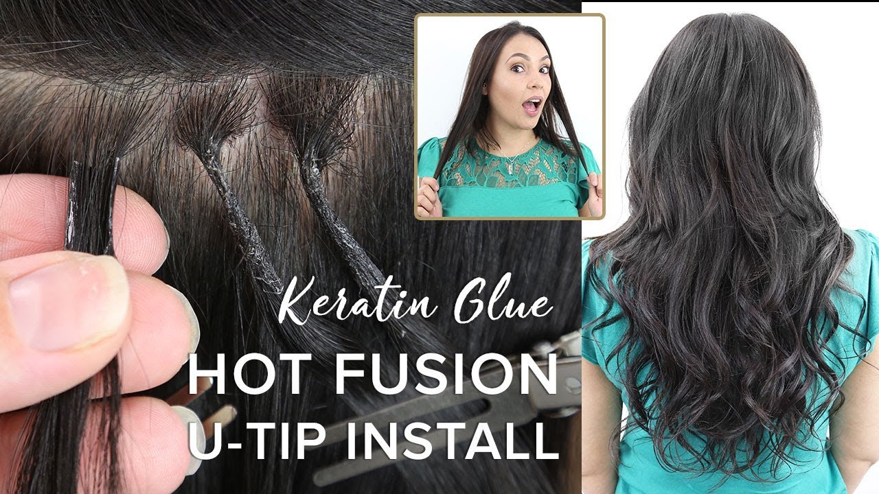 Close-up of keratin glue U-tip hair extensions applied to natural hair with hot fusion. Inset: surprised woman in green shirt; main view highlights long, wavy, dark hair from the back. Text: Keratin Glue HOT FUSION U-TIP INSTALL.