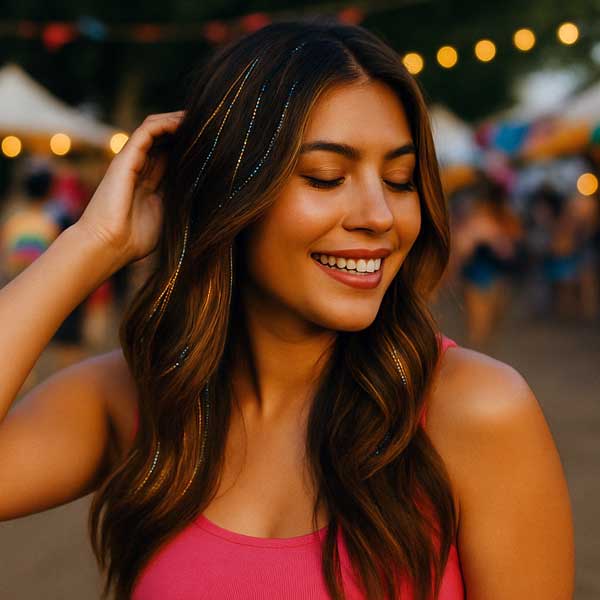 A woman with long brown hair and shimmery strands smiles with her eyes closed, wearing a pink tank top at an outdoor festival.