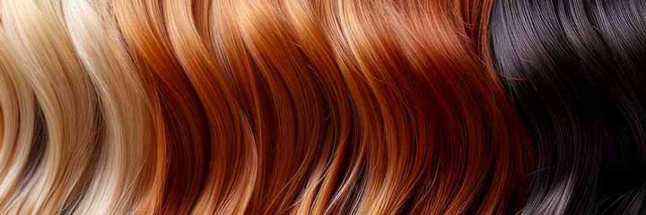 Variety of human hair extension colors including blonde, auburn, red, and black
