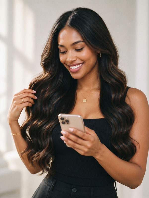 Smiling woman with long, dark brown wavy hair extensions reading a text on her phone
