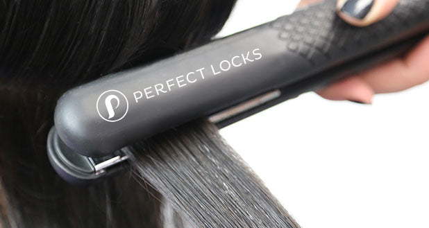 A close-up shows a PERFECT LOCKS black hair straightener styling shiny, dark hair, with a hand gently holding the tool.
