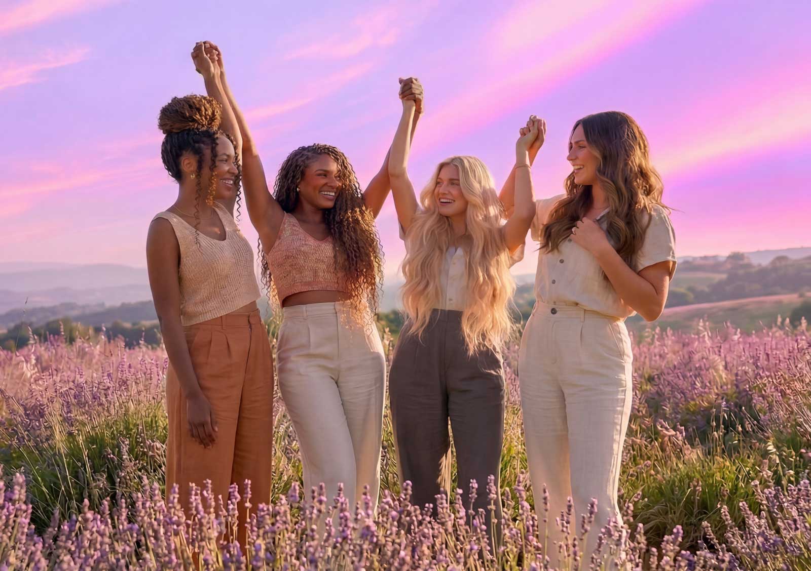 Four women standing in a lavender field with a rainbow in the sky