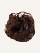Rich Brunette (2B) human hair scrunchie extension in a dimensional brunette shade with warm caramel undertones, soft layered texture, and natural shine on a clean light studio background.#color_rich-brunette-(2B)