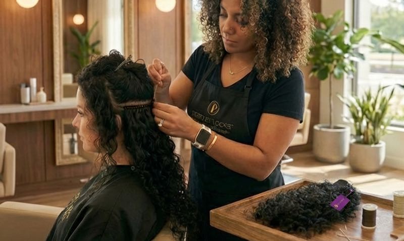 Woman getting hand tied weft extensions installed by a hair stylist in a salon setting.