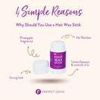 A Perfect Locks hair wax stick with lid off shows four benefits: pineapple fragrance, no residue, strong hold, and controls frizz.
