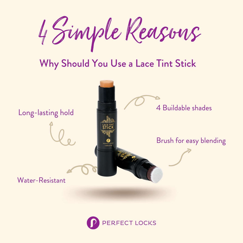 A lace tint stick by Perfect Locks highlights four benefits; the brand’s logo appears at the bottom for authenticity.