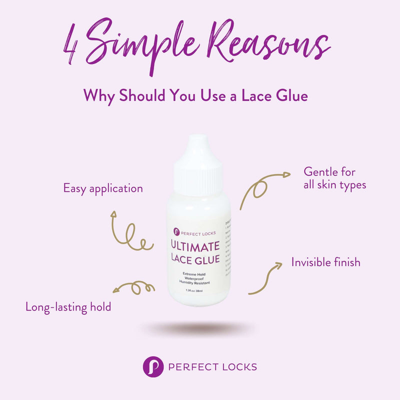 A bottle of Perfect Locks Ultimate Lace Glue centered with purple text highlighting features and a clean design with minimal graphics.