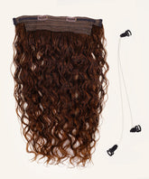 The Perfect Locks Curly Perfect Crown Hair Extensions in Platinum Blonde  with clip attachments and clear wire, on white background.#color_chocolate-brown-(3)