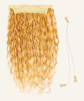 Curly Perfect Crown Hair Extensions by Perfect Locks in caramel blonde highlights with wavy human hair, lace, wires, and clips on a light background.#color_caramel-blonde-highlights-(24/27/613)