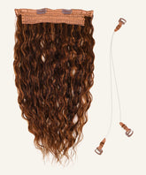 Curly Perfect Crown Hair Extensions from Perfect Locks in warm mocha lowlights with lace top, clear adjustable straps, and brown clips on a plain light background.#color_warm-mocha-lowlights-(2/4/6)