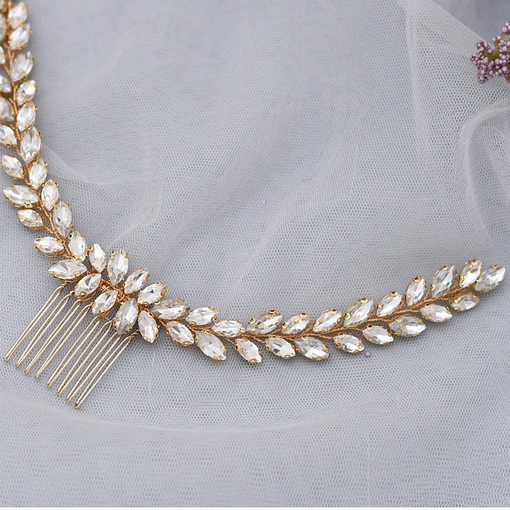 Comb hair prom wedding vine leaf bendable tiara MULAN - Wedding Hair Comb With Red Flowers, Gold Leaf and  main image 3