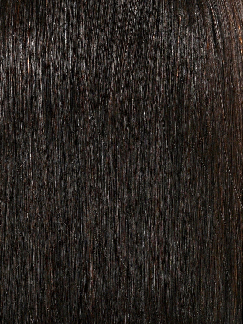 Close-up view of straight, dark brown hair with a smooth and shiny texture. Silky strands are aligned and well-groomed, filling the frame.