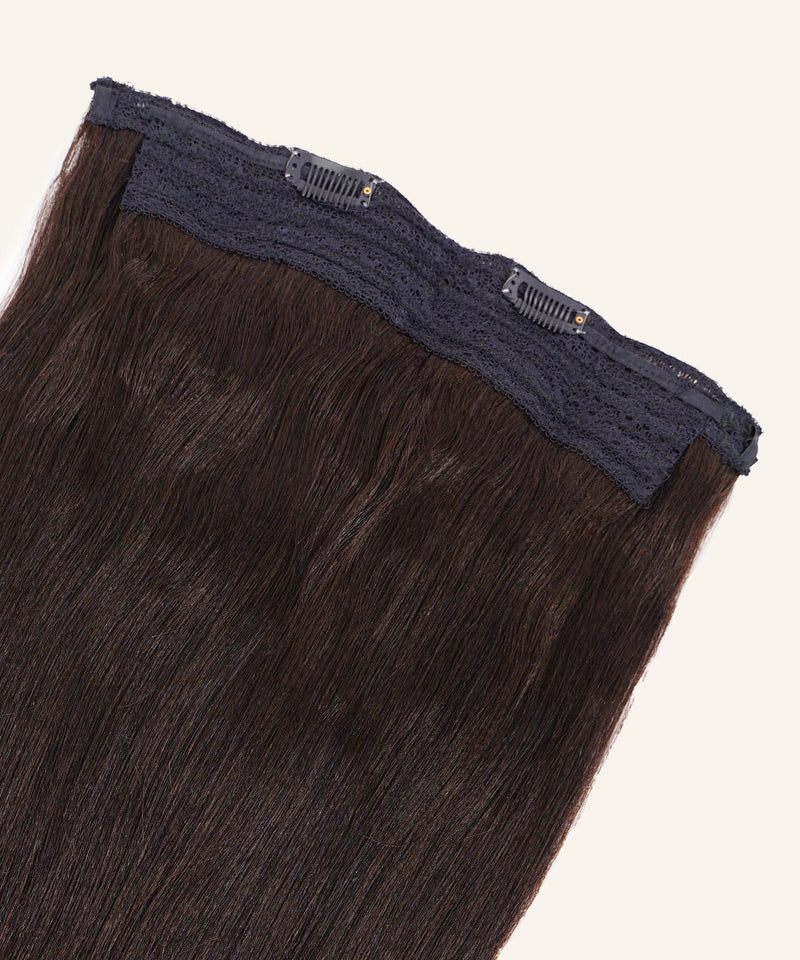 A close-up of Perfect Locks Relaxed Straight Perfect Crown Hair Extensions in natural black with two black clips on a lace base, shown against a light background.
