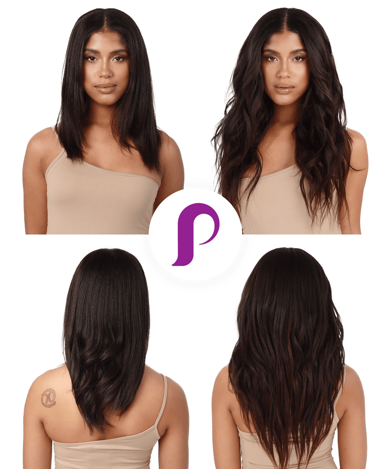 A woman with straight, shoulder-length dark hair is shown before and after using hair extensions; her hair becomes long and wavy. Four views show the front and back of each style.
