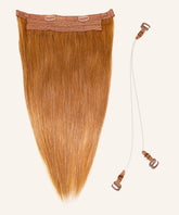 The Perfect Locks Straight Perfect Crown Hair Extensions in golden brown with two top clips and two invisible wire attachments with brown clasps.#color_golden-brown-(6)
