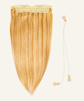 The Perfect Locks Straight Perfect Crown Hair Extensions in caramel blonde highlights with lace top, adjustable wires, and clips on a light background.#color_caramel-blonde-highlights-(24/27/613)