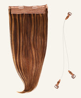 The Perfect Locks Straight Perfect Crown Hair Extensions in warm mocha lowlights, with a clear wire and brown fasteners, on a light background.#color_warm-mocha-lowlights-(2/4/6)