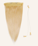 The Perfect Locks Straight Perfect Crown Hair Extensions in platinum blonde with a lace band, clips, and wires on white background.#color_platinum-blonde-(613)