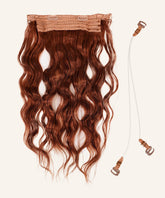 The Wavy Perfect Crown Hair Extensions by Perfect Locks in dark auburn with two transparent adjustable bands and brown clips on white background.#color_dark-auburn-(33)