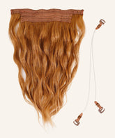 The Wavy Perfect Crown Hair Extensions in Toffee Blonde Highlights (4/27) with a fabric band, wires, and brown clips on white.#color_golden-brown-(6)